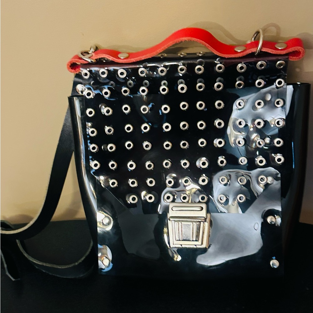 Black and Red Studded PVC Handbag